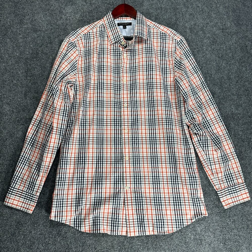 Banana Republic Shirt Mens Large Grant Fit Non Iron Orange Blue Cotton Plaid